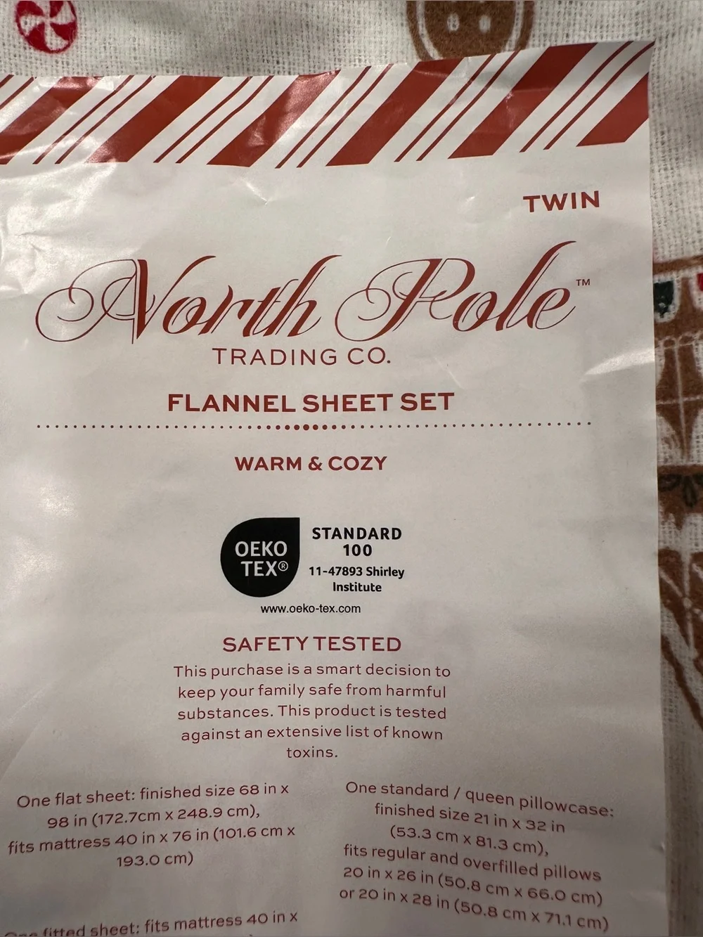 North Pole Twin Flannel Sheet Set Gingerbread Village 100% Cotton Holiday